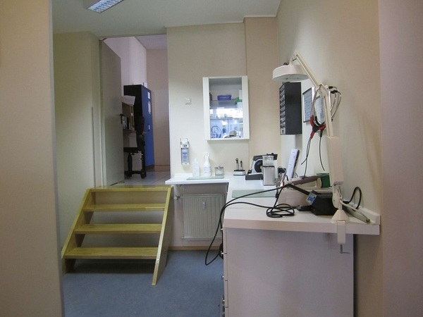 Modernes Zahnarztpraxis-Behandlungszimmer mit Arbeitsfläche, Lampe und Geräten.